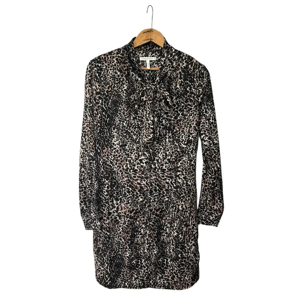 Avec Les Filles | Women’s Black/Tan Long-Sleeve Leopard Print Shirt Dress Size M